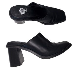 Yellow Box Black Slip on Mules Chunky Heel